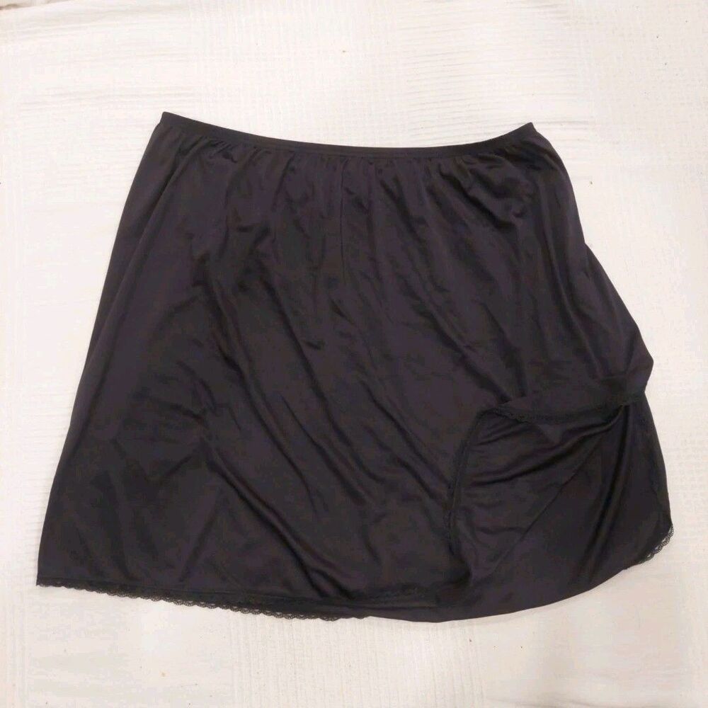 XL Vanity Fair Black Walking Slit Elastic Waist Laced Hem Nylon Half Slip 18" 44